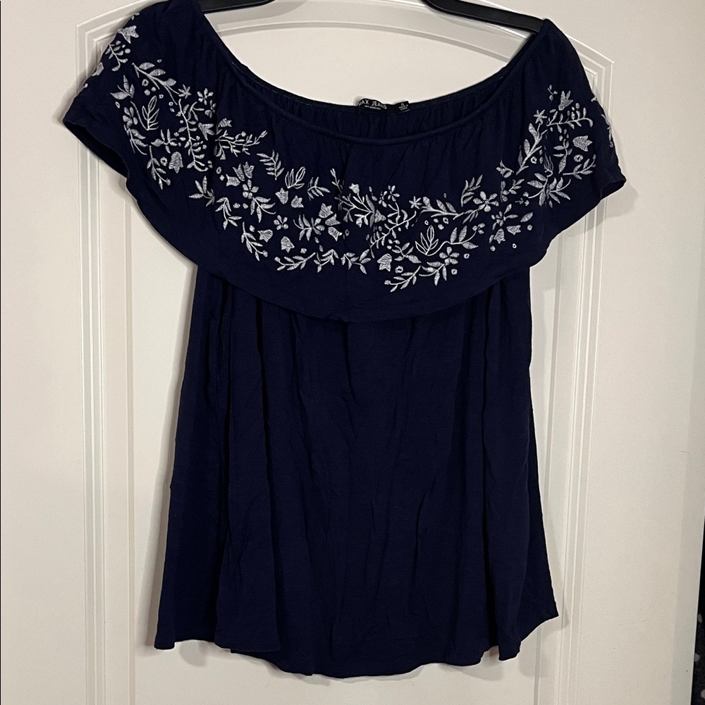 Max Jeans Navy Blue Off-Shoulder Top with White Embroidery